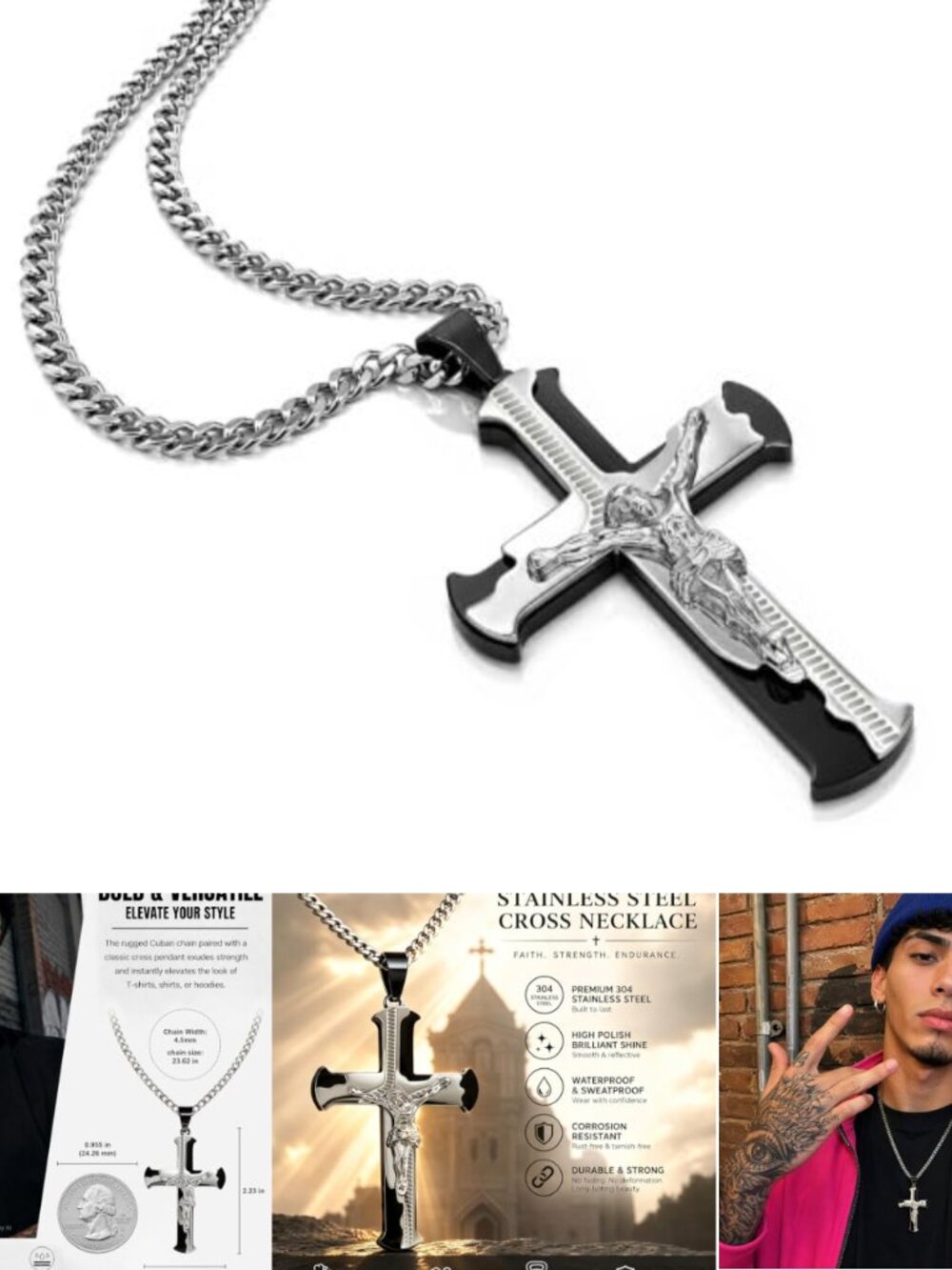 Stainless Steel Cross Necklace Men Cuban Chain Crucifix Pendant